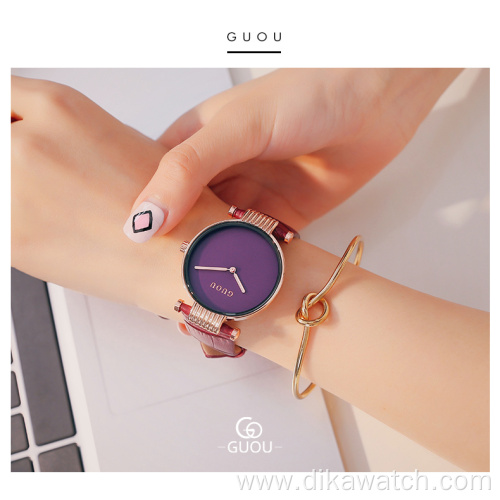 GUOU Luxury Quartz Wrist Watch For Women Charm Case Leather Strap Women's Watches Waterproof Ladies Wristwatches Female Clock